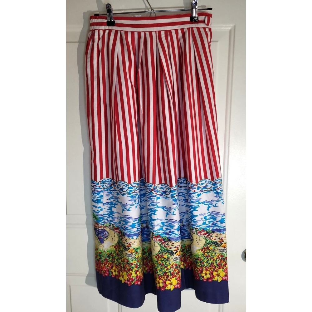 Vintage Suburbans Red White Striped Tropical Beach Border Scene‎ Midi Skirt 6